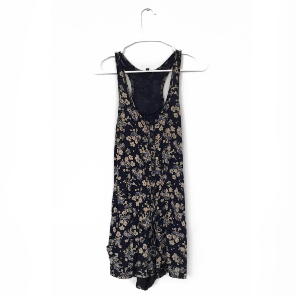 Express Navy & Beige Floral Button Front Romper – Size XS